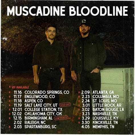 Muscadine bloodline tour - 29. Friday 08:00 p.m.Fri. 8:00 p.m. 2024-03-29, 8:00 p.m. Louisville, KY, US Mercury Ballroom Muscadine Bloodline: Low Hangin' Fruit Tour with special guest Drayton. Find …